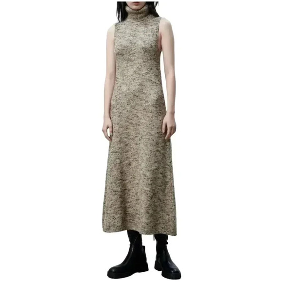Zara Womens Bloggers Favorite High Collar Knitted Dress Brown Sz Small to Medium - Picture 2 of 16